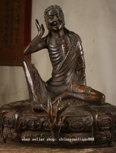 11" Antiguo Tíbet Budismo Bronce Dorado Templo Milarepa Buda Asiento Cabeza de Ciervo Estatua - Imagen 1 de 9