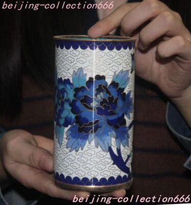 Florero lápiz maceta cepillo pájaro flor de la suerte Cloisonne Feng Shui bronce chino de 5" Foto 1 de 4