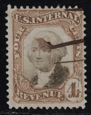 US Revenue Stamp Scott # R136 Brown & Black 4cent Third Issue - Used - Image 1 of 2