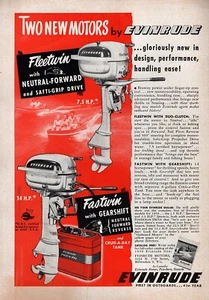 Evinrude Fleetwin y Fastwin 1950 motor fueraborda anuncio impreso original - Imagen 1 de 1