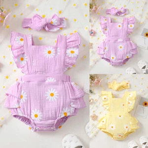 Newborn Baby Girls Floral Bodysuit Infant Sleeveless Ruffle Rompers Headband UK - Picture 1 of 18