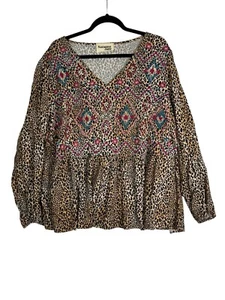 SAVANNA JANE Leopard Print Embroidered Balloon Sleeve V-Neck Tunic Top Blouse 2X - Picture 1 of 8