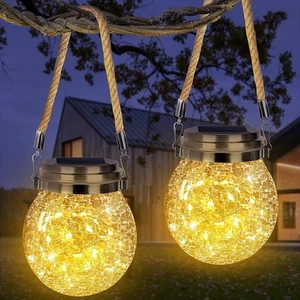Solar Lantern Crackle Glass Ball, 2 Pack Garden Hanging Solar Lights Outdoor ... - Picture 1 of 7