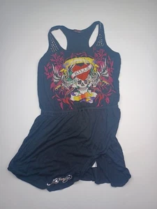 Ed Hardy Damen schwarz Totenkopf Grafik Racerback Wickelsaum Mini Tank Kleid Large - Bild 1 von 8