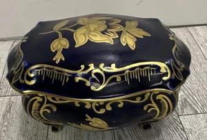 Vintage Echt Kobaltblau Rechteck Porzellan Schmuckschatulle mit Fuß JLMENAU Germany - Bild 1 von 10