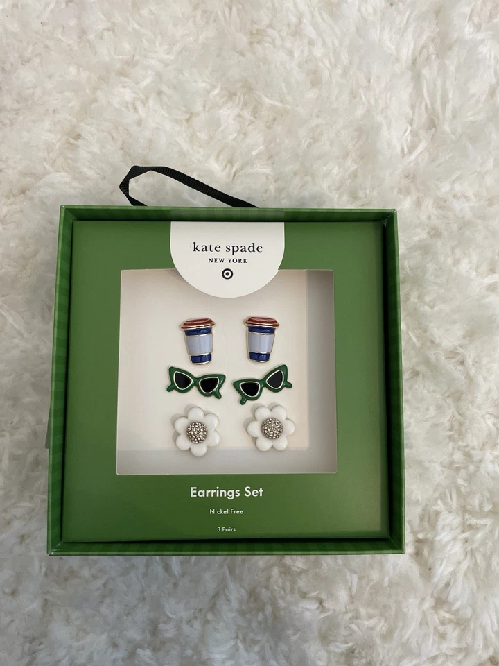 Kate Spade x Target Stud Earrings Sunglasses Flowers Coffee Cups 3 Pairs