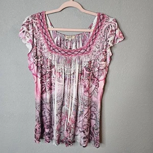 One World Shirt Sz M Pink Boho Hippie Stretch Knit Sublimated Tunic Crochet Y2K - Picture 1 of 14