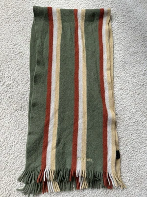 Vintage CHANEL Green/Red/Yellow/White Multicolour Striped Wool Fringe Knit Scarf - Image 1 of 4
