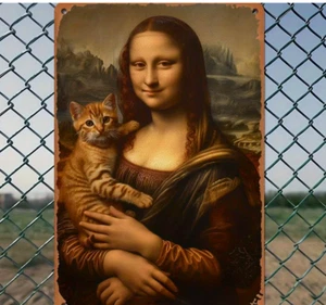Victorian Vintage Wall Decor Mona Lisa with Tabby Cat 8x12 Metal Tin Sign Cute! - Picture 1 of 3