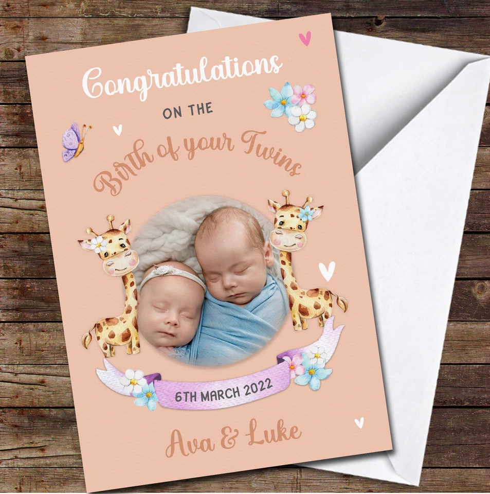 Congratulations Birth Twins New Baby Giraffe Photo Cute Personalised Card - Image 1 of 1