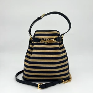 Christian Dior Medium C'est Chain Bucket Bag 2023 Raffia / Denim Striped - Picture 1 of 22