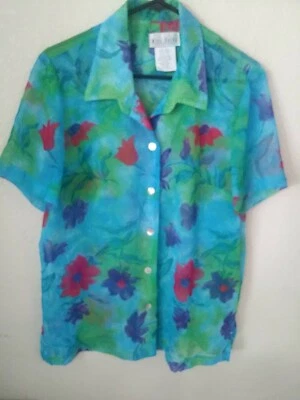 MISS DORBY SZ 12 透明花卉纽扣衬衫衬衫短袖 — 第 1/4 张图片