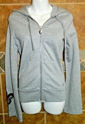 NEW Y2K Twisted Heart Gray Zip-Up Hoodie Bling studded Fleur De Lis Sizes S & M - Image 1 of 4
