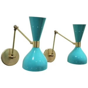 "Ludo" Wall-Mount Reading Lamp in Brass & Aqua Blue Enamel Italian Modern Lamp - Picture 1 of 5