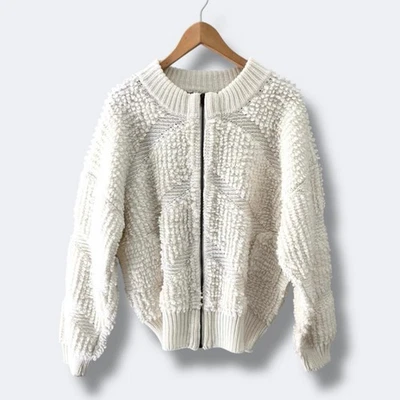 POL Sweater Women S Cream Textured Loop Knit Zip Bomber Jacket Cotton Acrylic - Image 1 of 4