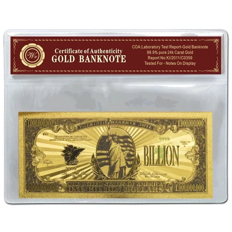 $1 Billion Dollar Bill US Gold Banknote Color with certificate of authenticity Cover