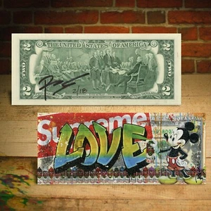 MICKEY MOUSE Graffiti Love SUPREME U.S. $2 Bill Rency DIAMOND DUST S/N # of 18 - Picture 1 of 3