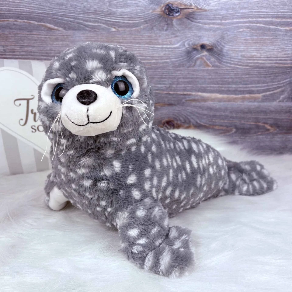 Plüsch Seehund grau-weiß gefleckt mit Glitzeraugen 40cm Robbe Kuscheltier - Bild 1 von 1