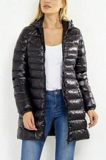 Womens Brave Soul Everett Long Cire Shiny Quilted Padded Hooded Puffer Jacket