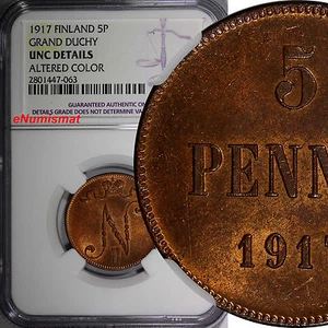 Finland Russian Tsar Nicolas II (1895-1917) 1917 5 Pennia NGC UNC DET. KM#15 (3) - Picture 1 of 4