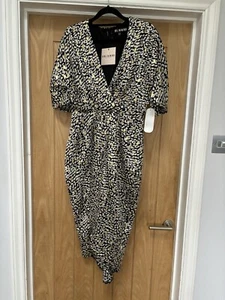 Girl In Mind Kleid Halbarm Bedruckt Wickel Midi Schwarz Gold Größe 12 Neu Etikett - Bild 1 von 15