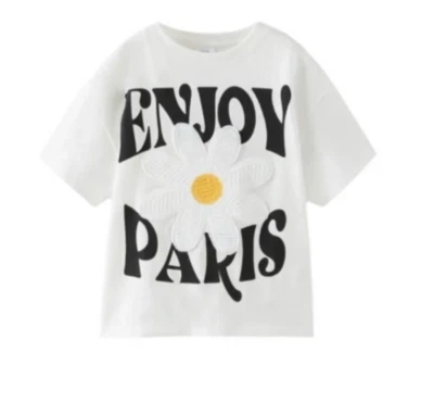 ZARA ENJOY PARIS WHITE FLOWER LOGO Girl SHORT SLEEVE T- SHIRT Sz 10 100%COTTON - Image 1 of 4