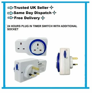 Temporizador de segmento de 2 velocidades 24 horas 15 minutos Reino Unido interruptor enchufable principal con enchufe adicional - Imagen 1 de 6