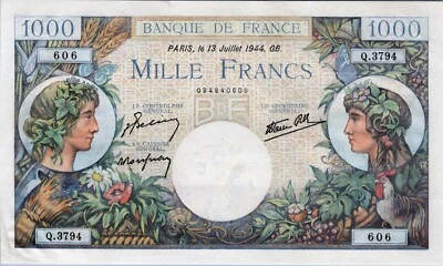 France 1,000 Francs 1944 Pick# 96c AU-UNC - Image 1 of 3
