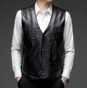 Men's Faux Leather Fleece Waistcoat PU Vest Warm Jacket Middle aged Dad Coats - Picture 1 of 12