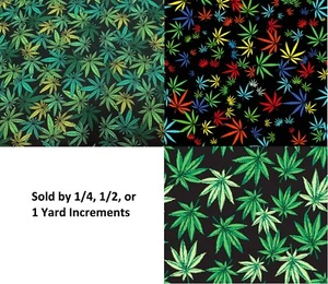 Marijuana Print Home Decor Fabric Cotton 57" Wide Cannibus Leaf Green Yellow - Picture 1 of 11