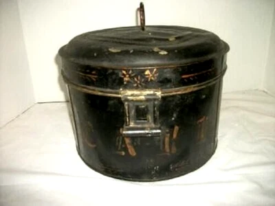 1800s Americana Tole Primitive Cake Box Tin Gold Stencil Dinged Aged Wonderful - Image 1 of 4