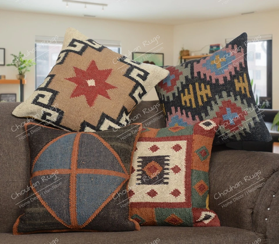 4 Pcs Lot Home Decor Jute Kilim Rugs 18 x 18 in Pillow Cover Case Cushion Room - Image 1 of 4