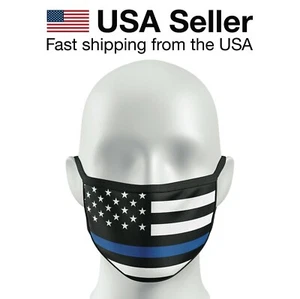 Thin Blue Line Police US Flag Face Mask PPE Cloth Fabric Washable Reusable Cover - Picture 1 of 3