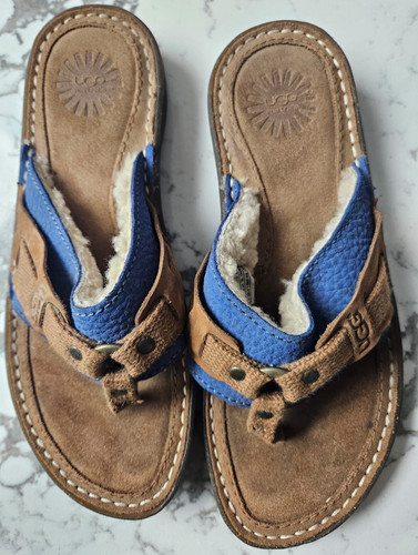 Infradito donna UGG 1629 blu e marrone foderato sherpa taglia 7 buone condizioni