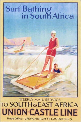 SURF BATHING IN SOUTH AFRICA UNION-CASTLE LINE TRAVEL VINTAGE POSTER REPRO - Image 1 of 3