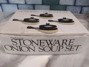 Lot Set Of 4 Stoneware Soup Crocks French Onion Bowls With Lids New Brown Tones - Picture 1 of 7