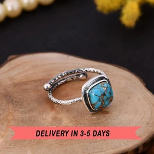 Cushion Shape Turquoise Sterling Silver Adjustable Band Ring For Women & Girls - Picture 1 of 10