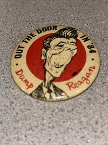 Vintage 1984 Anti Ronald Reagan Labor Union Pinback Button Out the Door In ‘84 - Picture 1 of 2