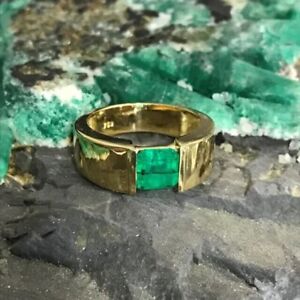1ct Natural Green Emerald 14K Yellow Gold Men's Ring Wedding Pinky Band