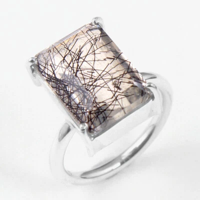 Anillo solitario de rutilo negro corte esmeralda joyería de plata de ley 925  Foto 1 de 4