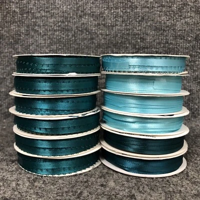 Lot Of 12 Vintage Spools Offray Teal Polyester Ribbon 1/8”- 1/4” New - Image 1 of 4