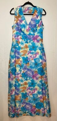 Maxi Vestido Hawaiano Vintage Andrade Honolulu Talla 14 Azul Floral Tropical Largo Foto 1 de 4