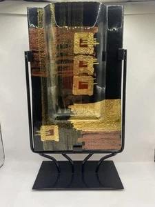 Vintage Jasmine Studio Glass Art Vase In Metal Frame Black Gold Red - Picture 1 of 8