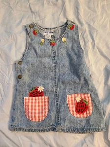 Vintage Brittany Blue Denim Dress Strawberries Flowers Size 4T - Picture 1 of 7