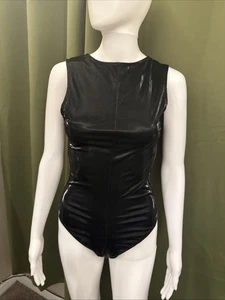 Forever 21 Black Patent Pleather Vinyl Shiny Zip-Up High-Leg Bodysuit Medium - Picture 1 of 3