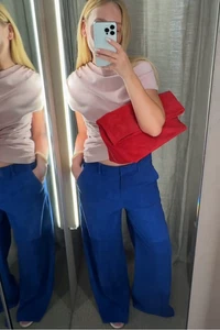 ZARA BNWT 2025. BLUE KLEIN BAGGY SUEDE LEATHER TROUSERS PANTS. 1966/983/446 - Picture 1 of 11