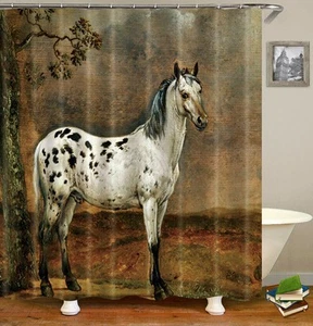 Farmhouse Shower Curtain Horse Print Fabric Bathroom Decor with Hooks Waterproof - Picture 1 of 9