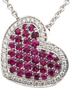 BIRKS 18k White Gold Diamond & Ruby Cluster Heart Pendant Chain Necklace 1.46CT - Picture 1 of 5