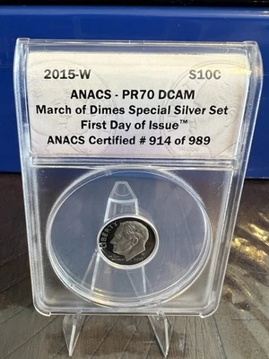 2015 W Proof Roosevelt Dime PR70 DCAM March Of Dimes, Silver Set FDOI ANACS - Image 1 of 2