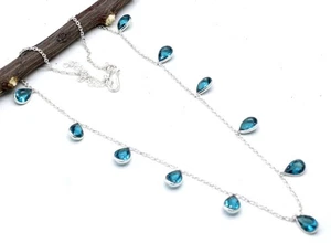 925 Sterling Silver Swiss Blue Topaz Gemstone Jewelry Necklace Size-17-18" - Picture 1 of 2